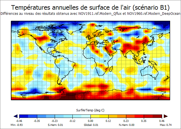 Différences au niveau des températures annuelles de surface de l&rsquo;air entre deux restart file (Specified SST)