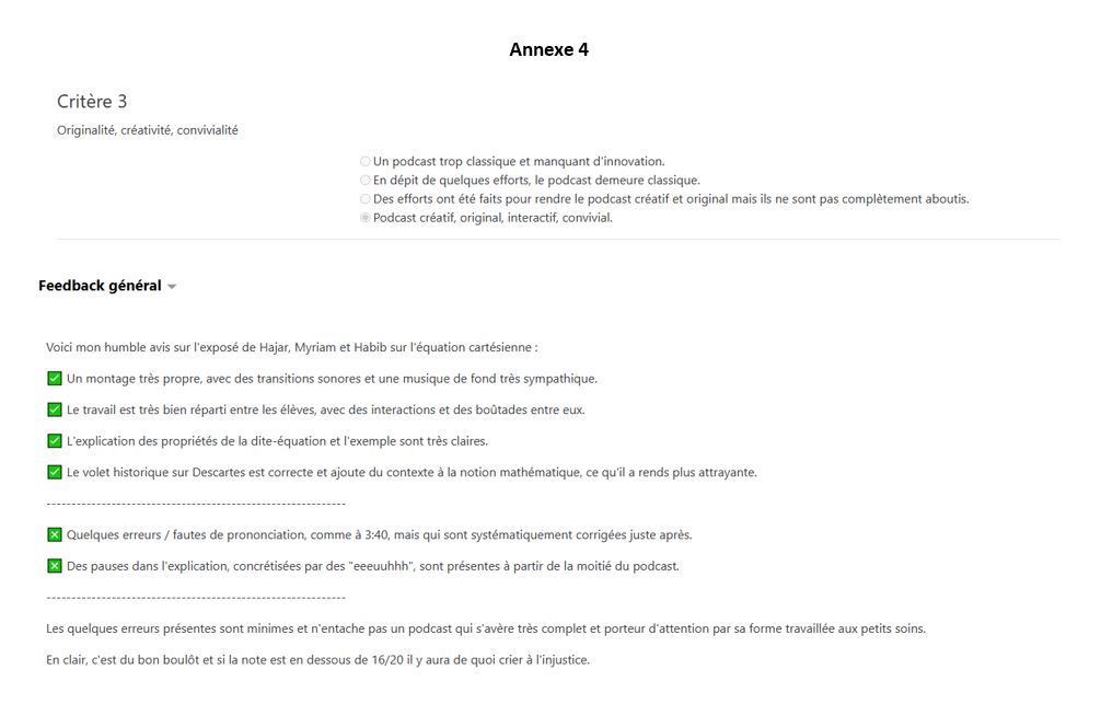 Annexe 5 Exemple de feedback d'un élève sur un podcast 2022 2023