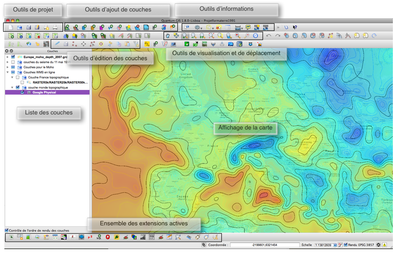 Les légendes des boutons d'action du logiciel QGIS