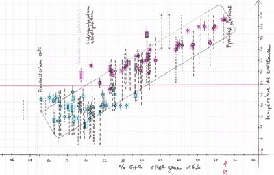 Relation entre composition en bases de l'ARNr 16S et température optimale de croissance