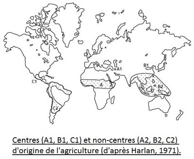les centres et non-centres de domestication d'après Harlan