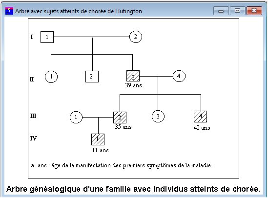 Arbre généalogique d'une famille avec individus atteints de chorée 