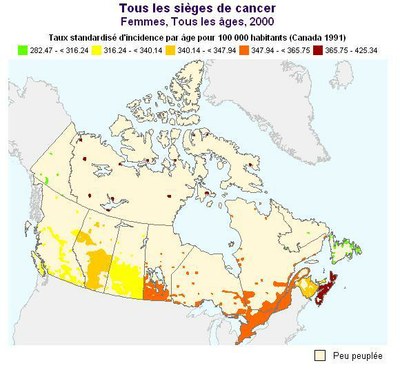 Répartition géographique de l'incidence de tous les cancers féminins au Canada en 2000